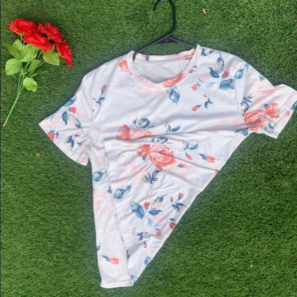 White and Pink Floral Print T-Shirt